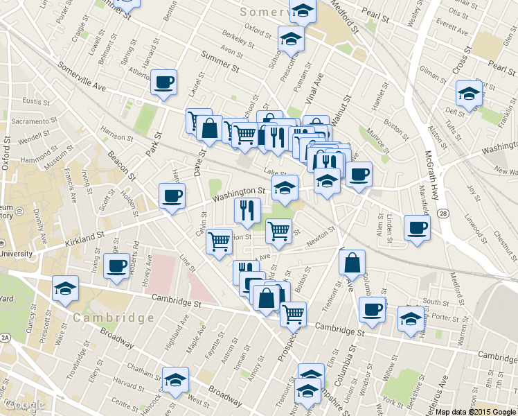 map of restaurants, bars, coffee shops, grocery stores, and more near 290 Washington Street in Somerville