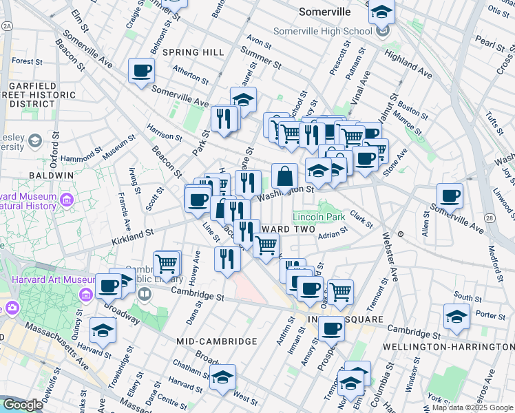 map of restaurants, bars, coffee shops, grocery stores, and more near 35 Rose Street in Somerville