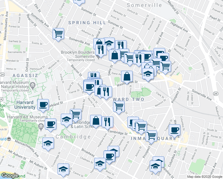 map of restaurants, bars, coffee shops, grocery stores, and more near 24 Beacon Place in Somerville
