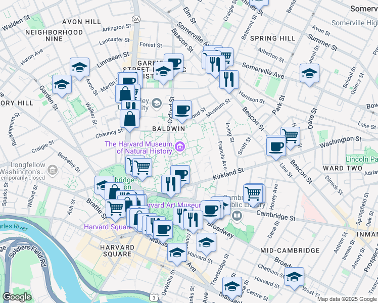map of restaurants, bars, coffee shops, grocery stores, and more near 24 Oxford Street in Cambridge