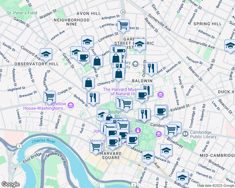 map of restaurants, bars, coffee shops, grocery stores, and more near 1541 Massachusetts 2A in Cambridge