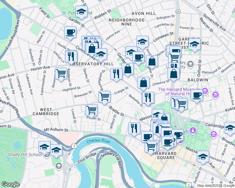map of restaurants, bars, coffee shops, grocery stores, and more near 5 Berkeley Place in Cambridge