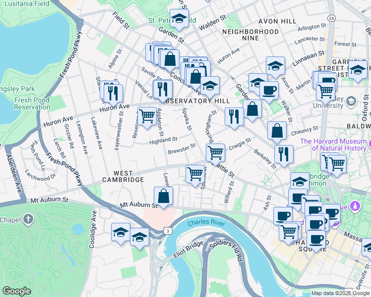 map of restaurants, bars, coffee shops, grocery stores, and more near 150 Brattle Street in Cambridge