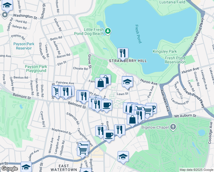 map of restaurants, bars, coffee shops, grocery stores, and more near 71 Oxford Circle in Belmont