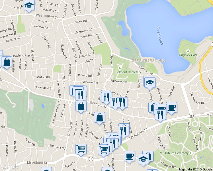 map of restaurants, bars, coffee shops, grocery stores, and more near 62 Unity Avenue in Belmont
