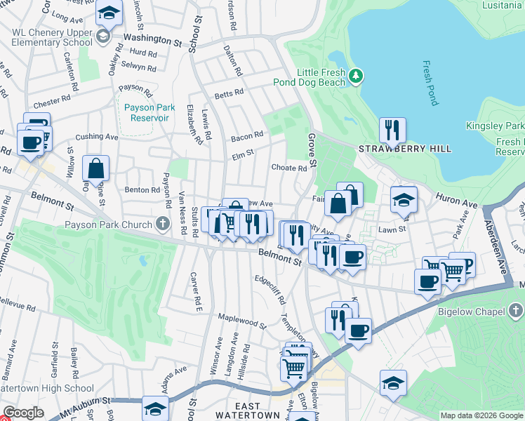 map of restaurants, bars, coffee shops, grocery stores, and more near 30 Springfield Street in Belmont