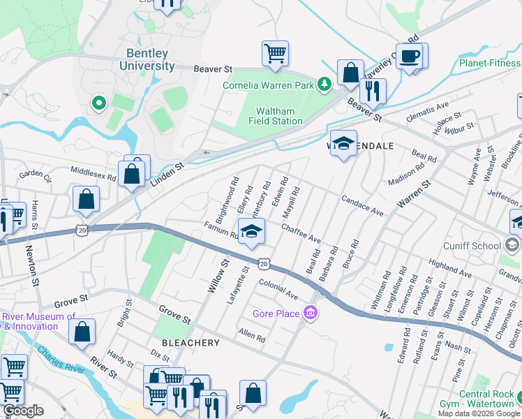 map of restaurants, bars, coffee shops, grocery stores, and more near 22 Canterbury Road in Waltham