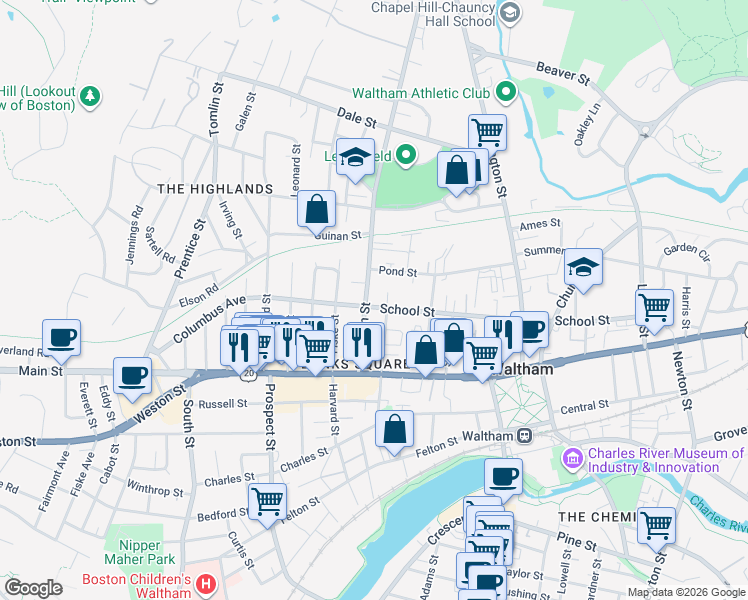 map of restaurants, bars, coffee shops, grocery stores, and more near 47b Bacon Street in Waltham