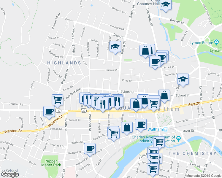 map of restaurants, bars, coffee shops, grocery stores, and more near 48 Fiske Street in Waltham