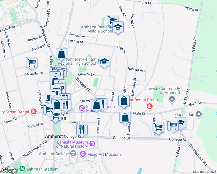 map of restaurants, bars, coffee shops, grocery stores, and more near 62 Gray Street in Amherst