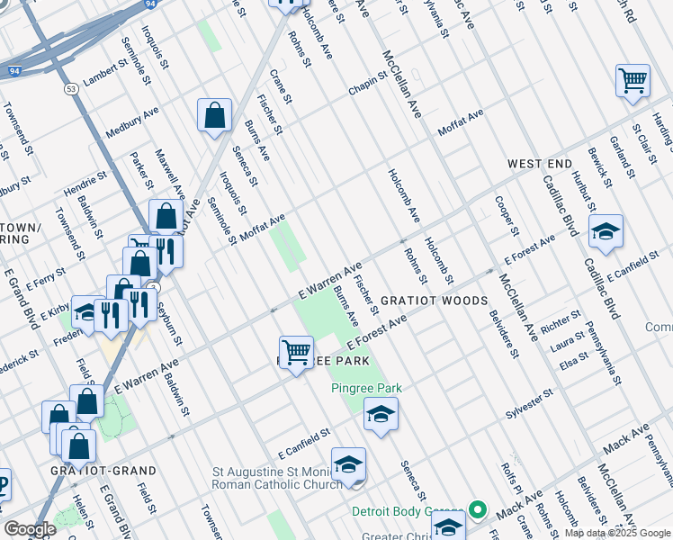 map of restaurants, bars, coffee shops, grocery stores, and more near 8401 East Forest Avenue in Detroit