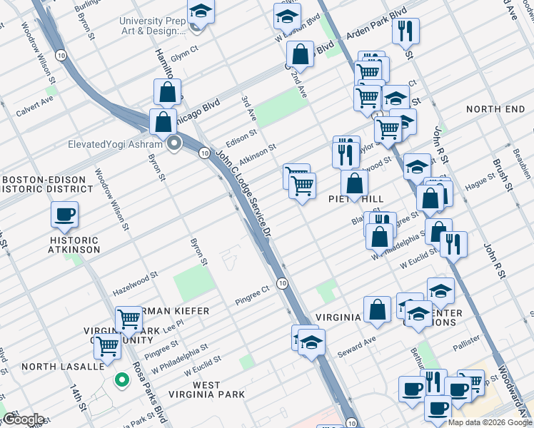 map of restaurants, bars, coffee shops, grocery stores, and more near 889 Hazelwood Street in Detroit