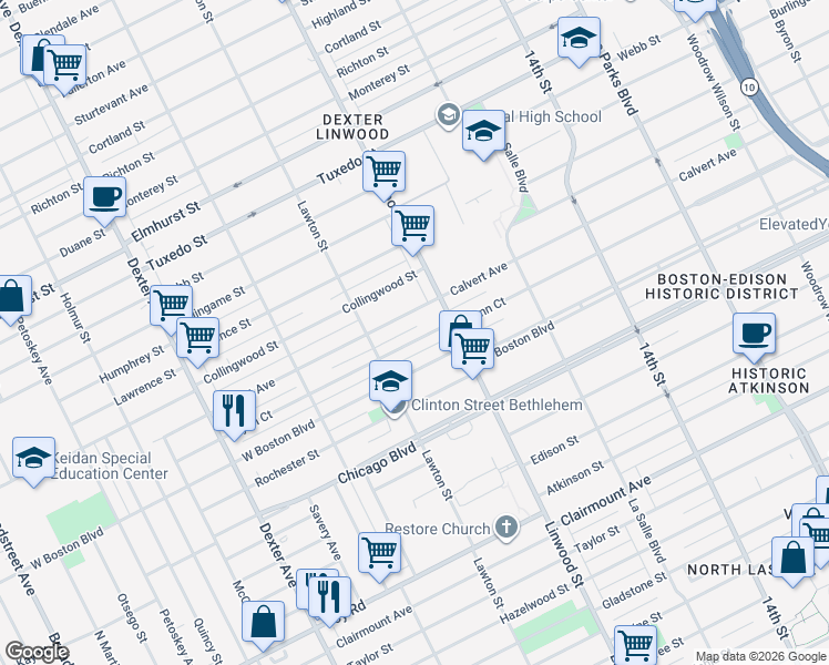 map of restaurants, bars, coffee shops, grocery stores, and more near 2690 West Boston Boulevard in Detroit