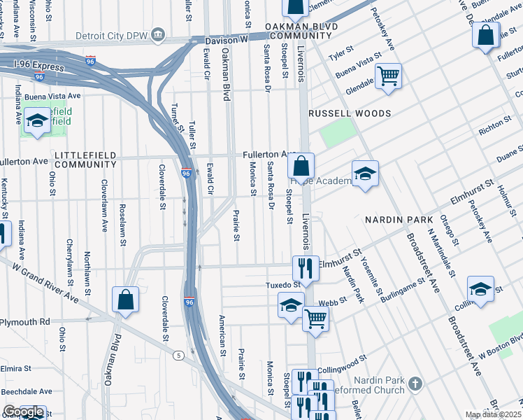 map of restaurants, bars, coffee shops, grocery stores, and more near 12130 Monica Street in Detroit