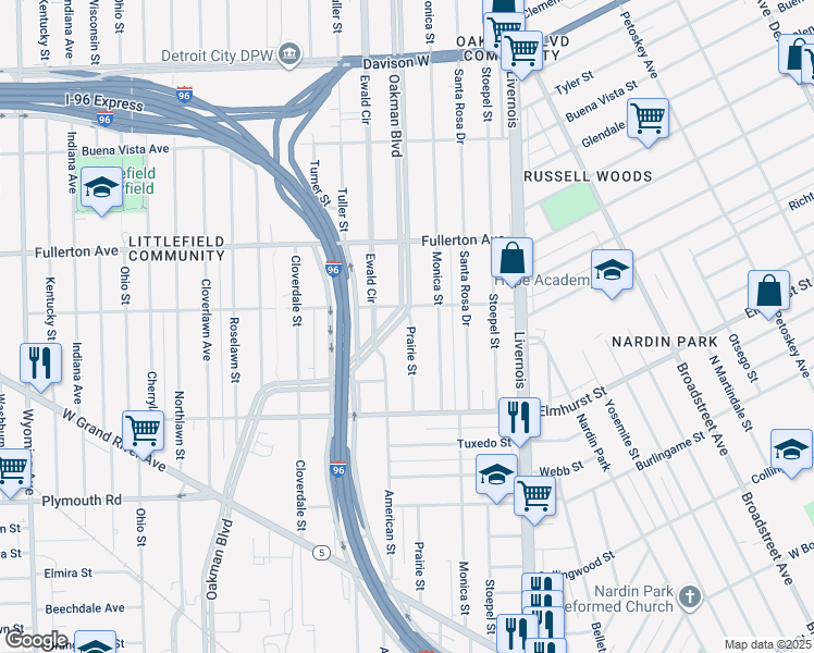 map of restaurants, bars, coffee shops, grocery stores, and more near 12135 Prairie Street in Detroit