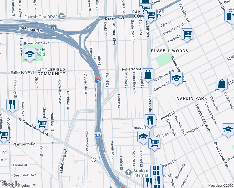 map of restaurants, bars, coffee shops, grocery stores, and more near 12135 Prairie Street in Detroit
