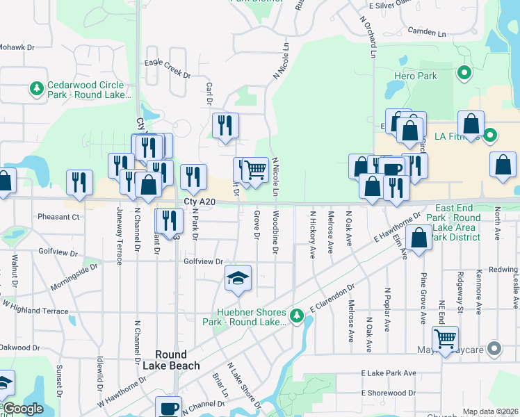 map of restaurants, bars, coffee shops, grocery stores, and more near 1617 Grove Drive in Round Lake Beach