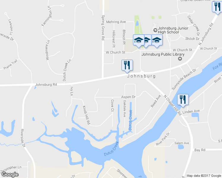 map of restaurants, bars, coffee shops, grocery stores, and more near 2509 Johnsburg Road in Johnsburg