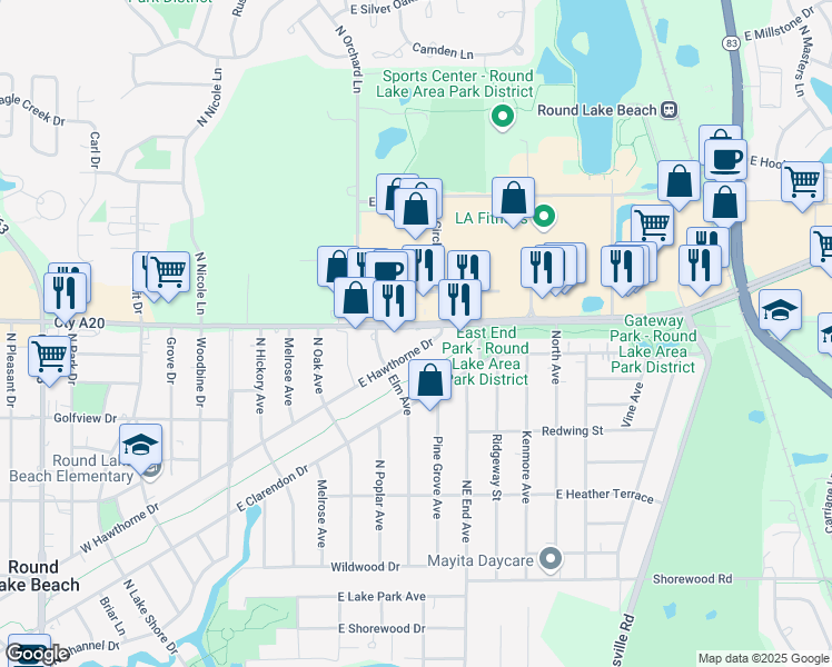 map of restaurants, bars, coffee shops, grocery stores, and more near 233 East Hawthorne Drive in Round Lake Beach