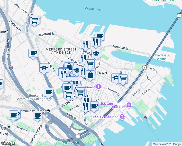 map of restaurants, bars, coffee shops, grocery stores, and more near 65 Green Street in Boston