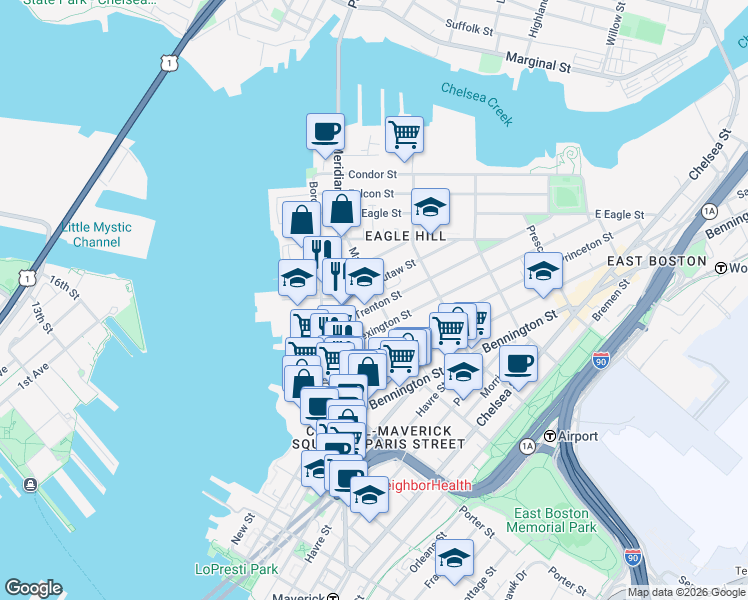 map of restaurants, bars, coffee shops, grocery stores, and more near 67 Marion Street in Boston