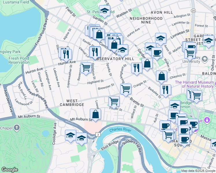 map of restaurants, bars, coffee shops, grocery stores, and more near 29 Brewster Street in Cambridge