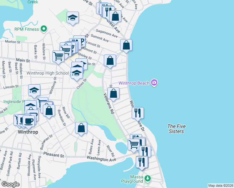 map of restaurants, bars, coffee shops, grocery stores, and more near 24 Trident Avenue in Winthrop