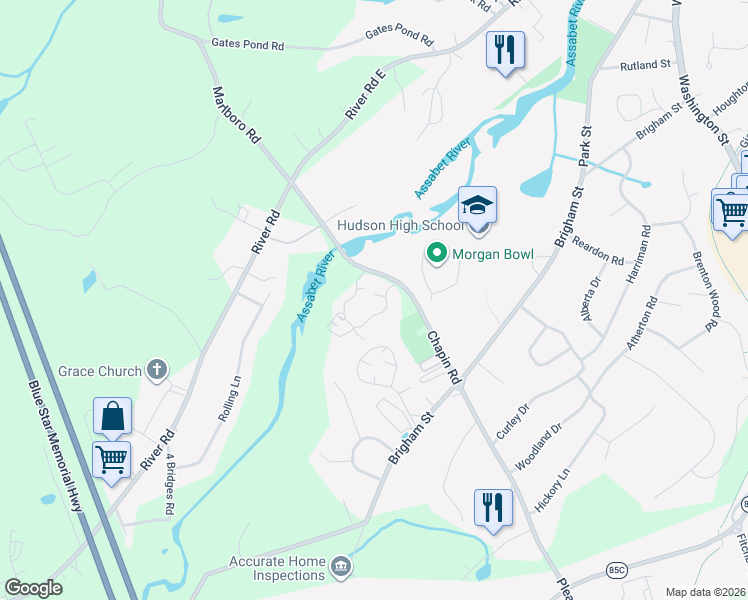 map of restaurants, bars, coffee shops, grocery stores, and more near 28 Deer Path in Hudson