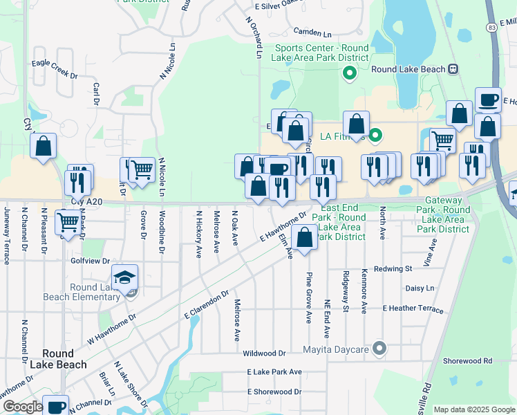 map of restaurants, bars, coffee shops, grocery stores, and more near 1620 Elm Avenue in Round Lake Beach
