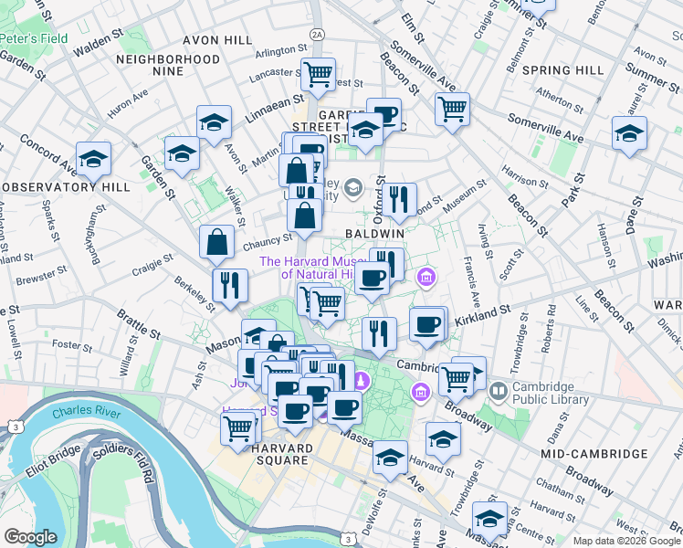 map of restaurants, bars, coffee shops, grocery stores, and more near 1575 Massachusetts Avenue in Cambridge