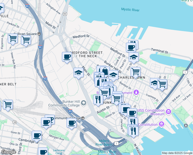 map of restaurants, bars, coffee shops, grocery stores, and more near Walker Street in Boston