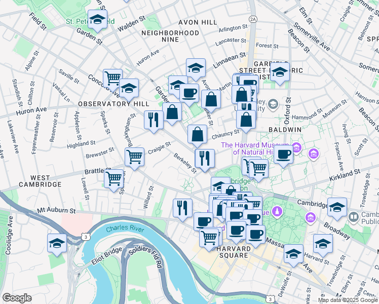 map of restaurants, bars, coffee shops, grocery stores, and more near in Cambridge