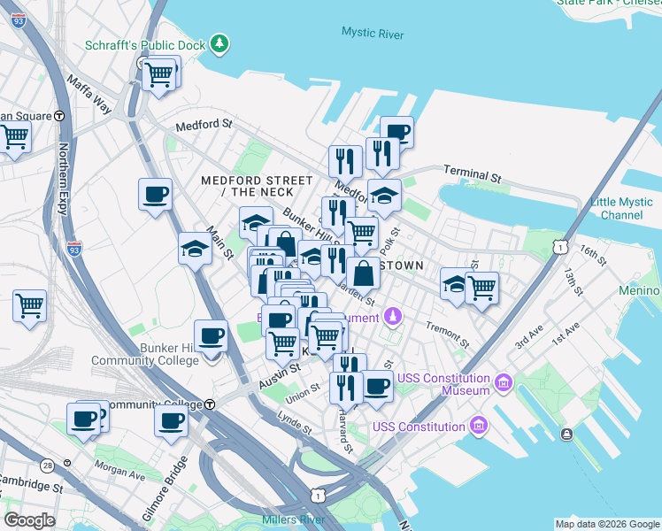 map of restaurants, bars, coffee shops, grocery stores, and more near 66 School Street in Boston