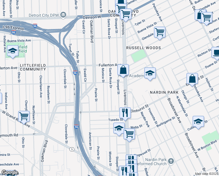 map of restaurants, bars, coffee shops, grocery stores, and more near 12130 Monica Street in Detroit