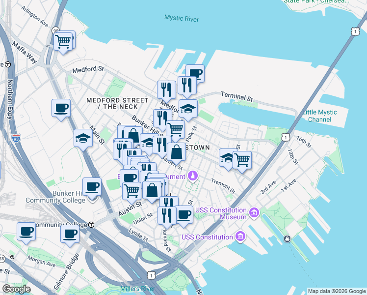 map of restaurants, bars, coffee shops, grocery stores, and more near in Boston