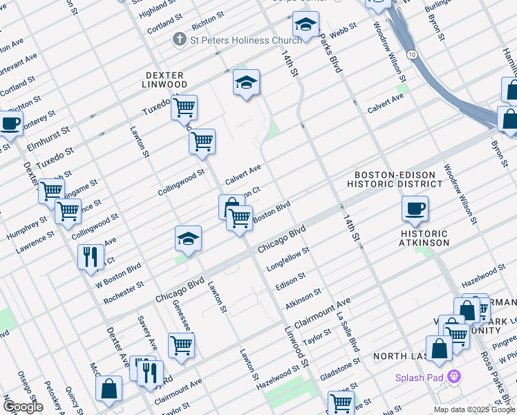 map of restaurants, bars, coffee shops, grocery stores, and more near 2505 West Boston Boulevard in Detroit
