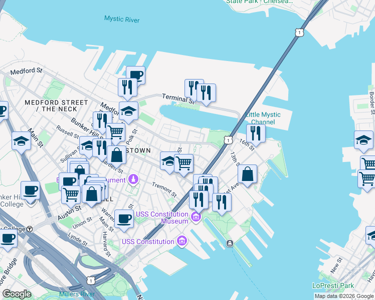 map of restaurants, bars, coffee shops, grocery stores, and more near 40 Corey Street in Boston
