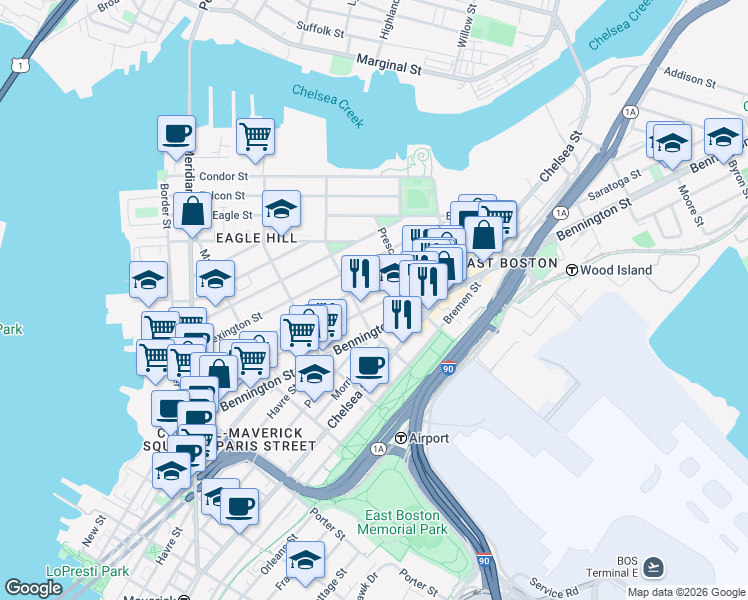 map of restaurants, bars, coffee shops, grocery stores, and more near 320 Saratoga Street in Boston