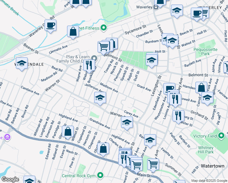 map of restaurants, bars, coffee shops, grocery stores, and more near 195 Chapman Street in Watertown