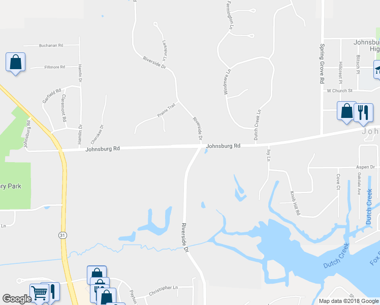 map of restaurants, bars, coffee shops, grocery stores, and more near 3605 Riverside Drive in McHenry