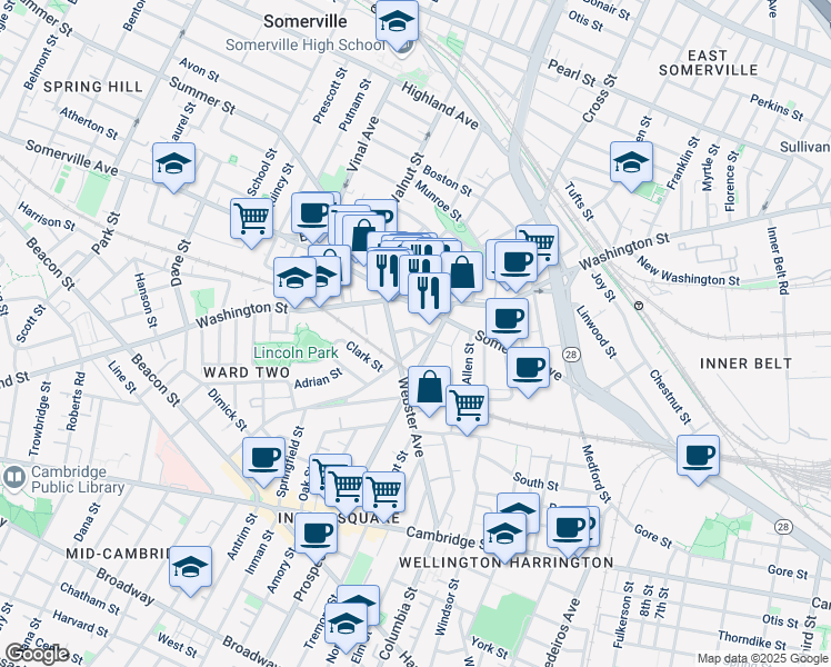 map of restaurants, bars, coffee shops, grocery stores, and more near 17 Everett Street in Somerville