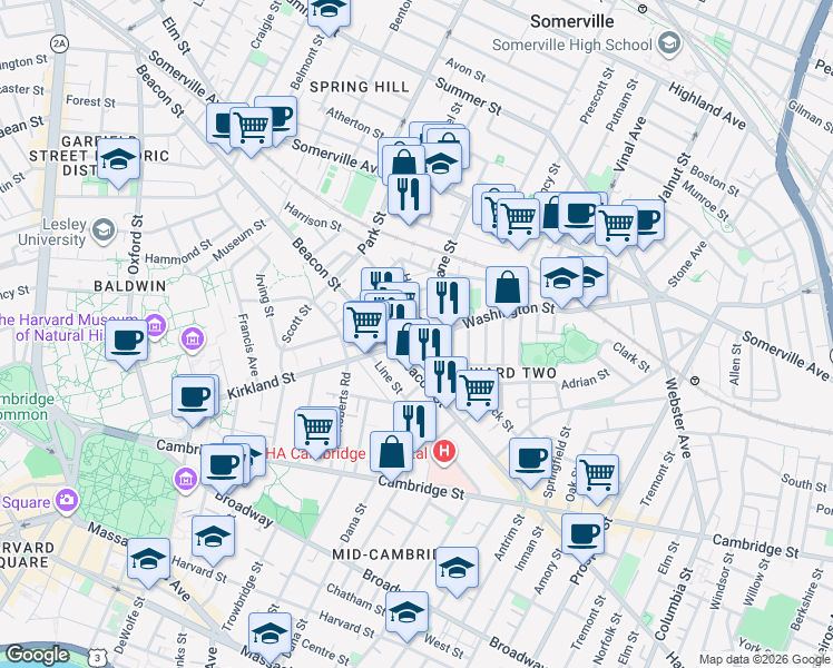 map of restaurants, bars, coffee shops, grocery stores, and more near 123 Beacon Street in Somerville