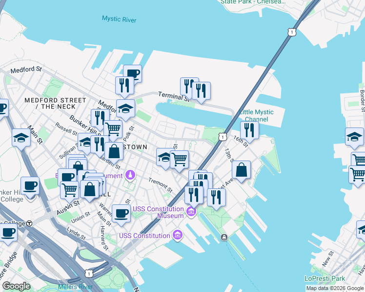 map of restaurants, bars, coffee shops, grocery stores, and more near 40 Corey Street in Boston