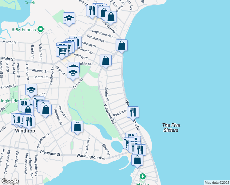 map of restaurants, bars, coffee shops, grocery stores, and more near 26 Seafoam Avenue in Winthrop