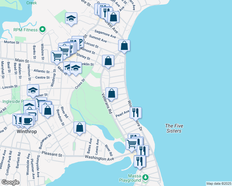 map of restaurants, bars, coffee shops, grocery stores, and more near 26 Seafoam Avenue in Winthrop