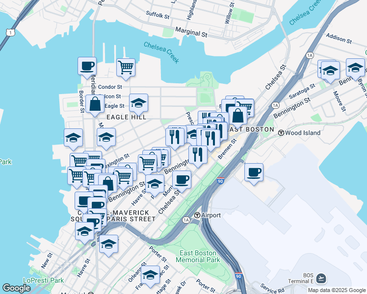 map of restaurants, bars, coffee shops, grocery stores, and more near 216 Bennington Street in Boston
