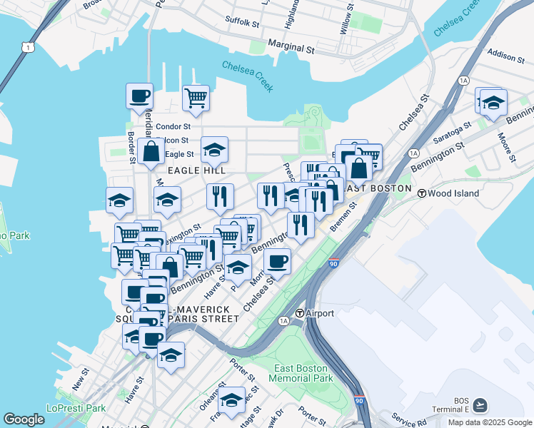 map of restaurants, bars, coffee shops, grocery stores, and more near 245 Saratoga Street in Boston