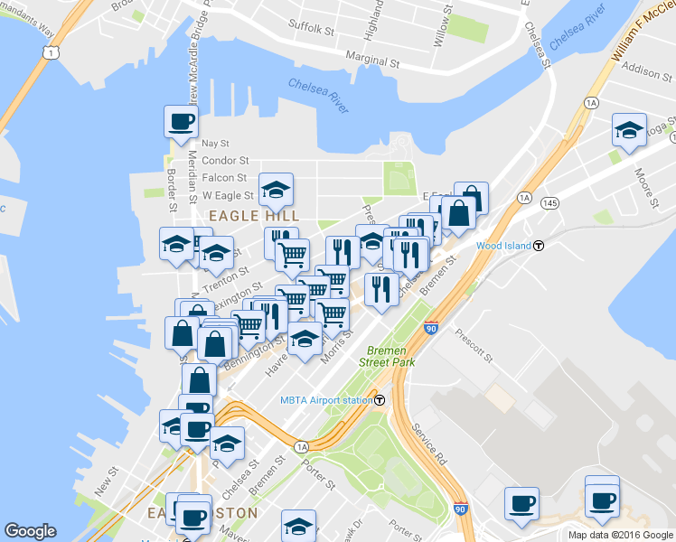 map of restaurants, bars, coffee shops, grocery stores, and more near 245 Saratoga Street in Boston