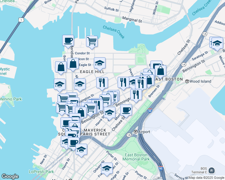 map of restaurants, bars, coffee shops, grocery stores, and more near 143 Princeton Street in Boston