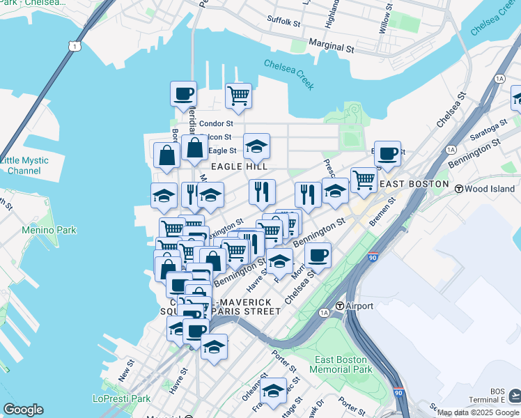 map of restaurants, bars, coffee shops, grocery stores, and more near 129 Lexington Street in Boston